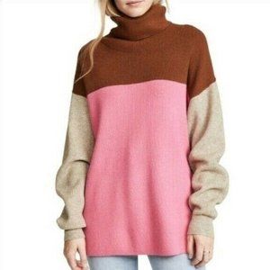 Free People Sweater Softly Structured Brown Pink Colorblock Turtleneck